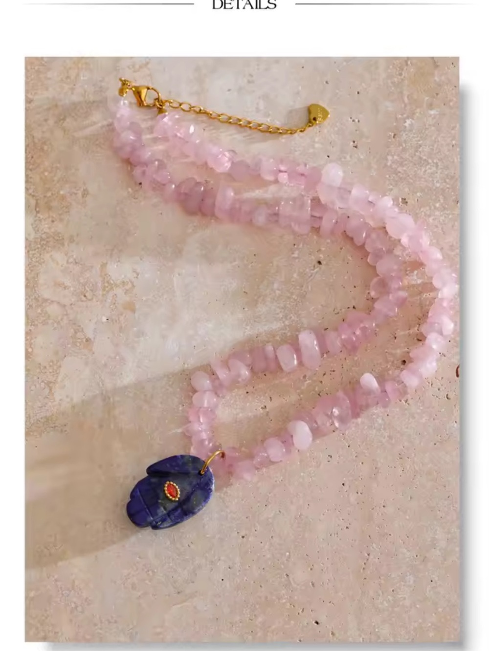 Rose Quartz Pink Bead Blue Lapis Hamsa Necklace